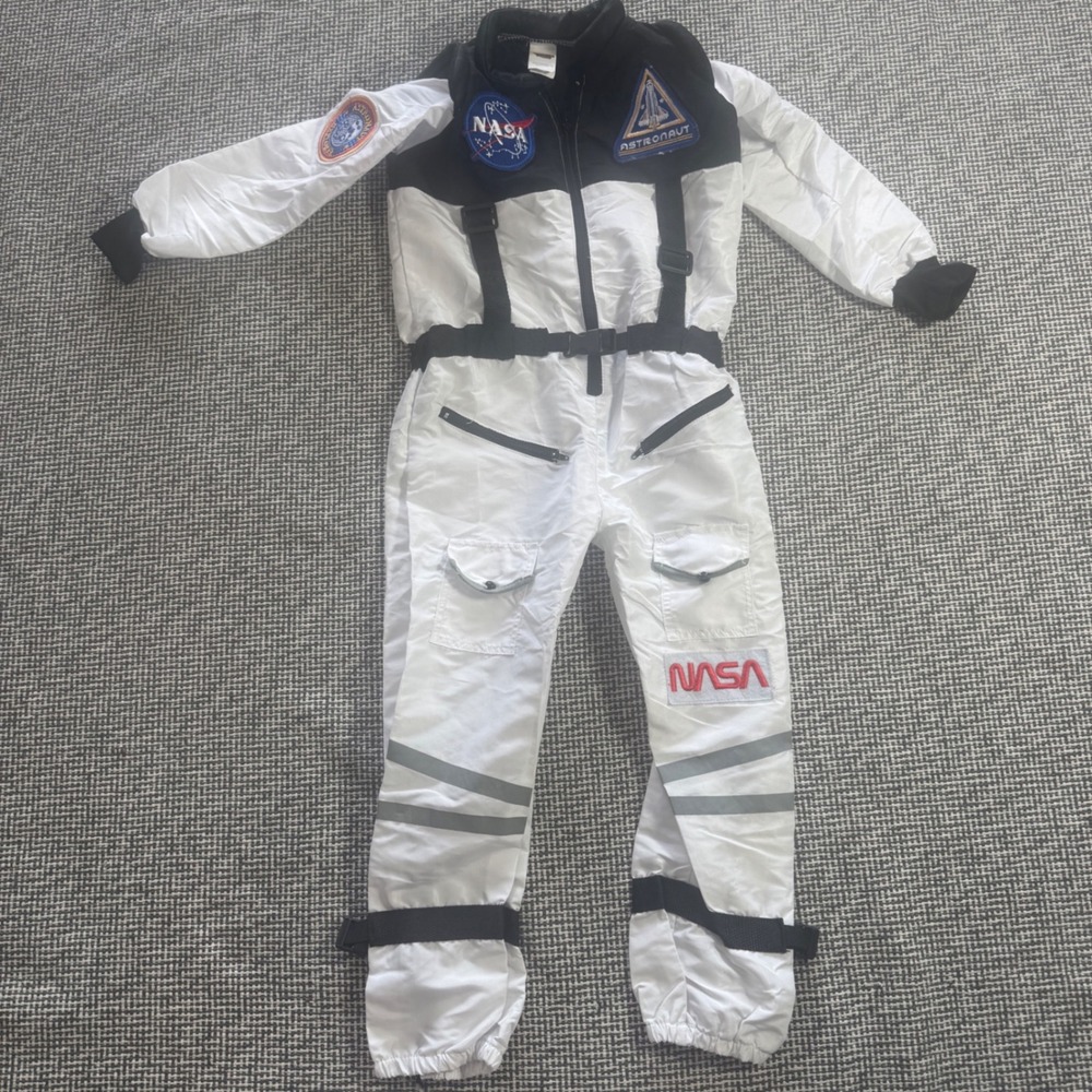 NASA Astronaut Flight Suit Costume Kids White Black Jumpsuit Size 6-8